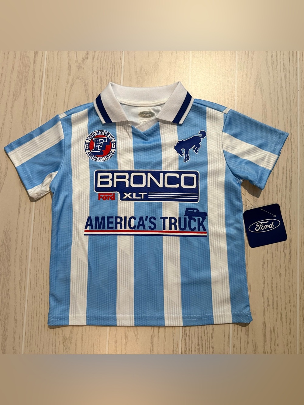 Ford Boys Bronco XLT Soccer Jersey Polo Shirt Blue White Size 4/5 NWT